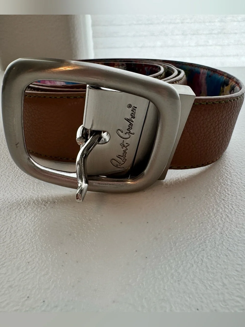 Robert Graham Reversible Leather Belt Brown Multicolor Abstract Lining Size 44